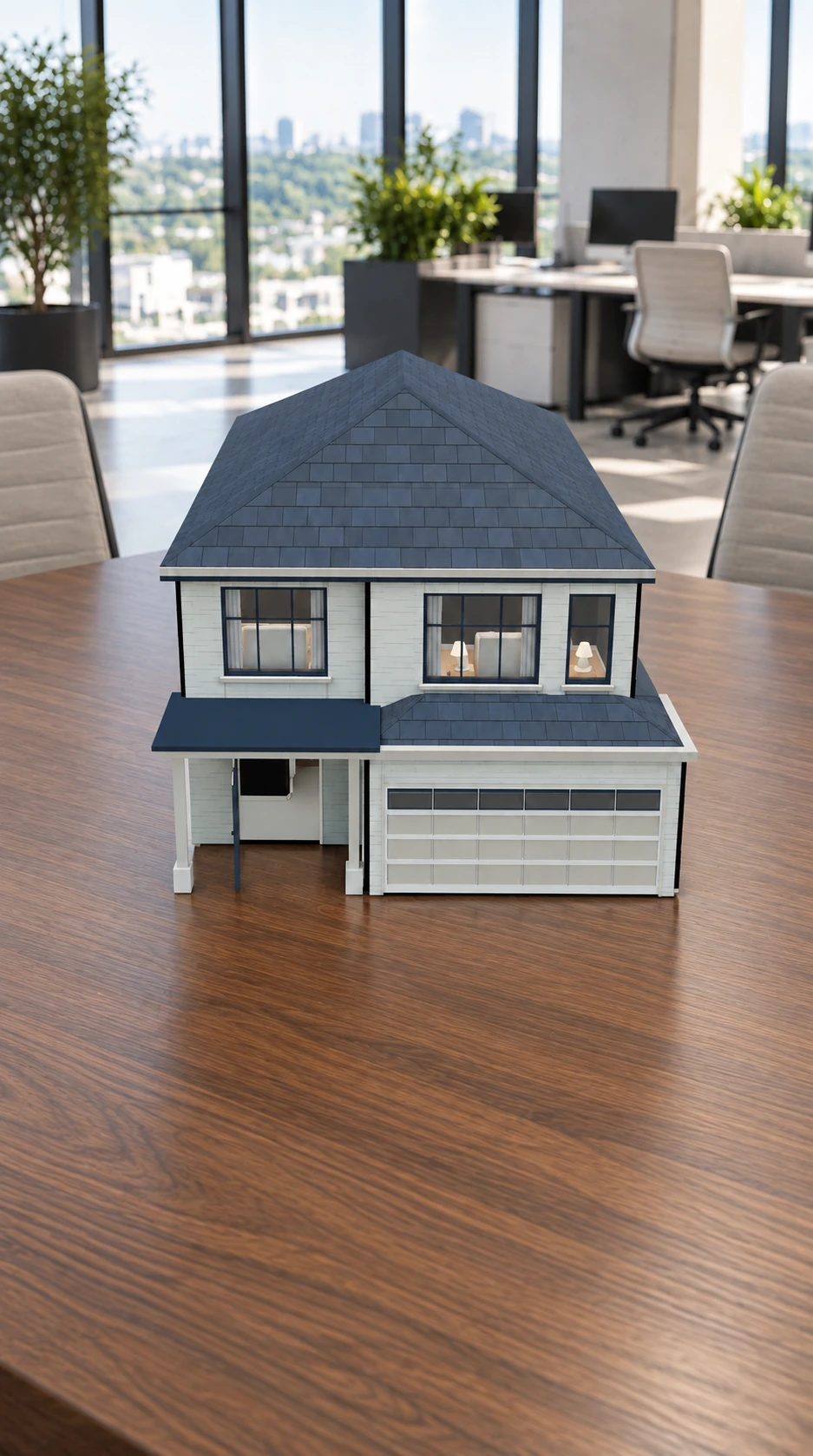 Front elevation of the Ridgefield tabletop AR model in an AI-created open-plan office setting