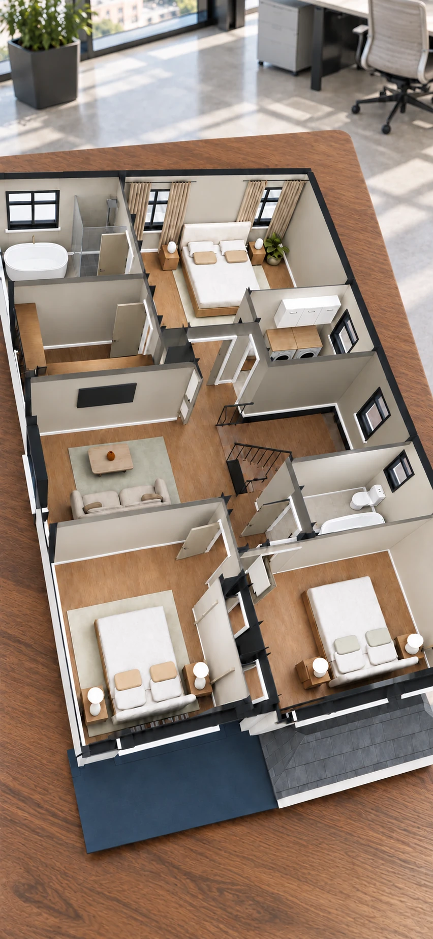 Ridgefield furnished interior cutaway on a walnut table in an AI-created office setting