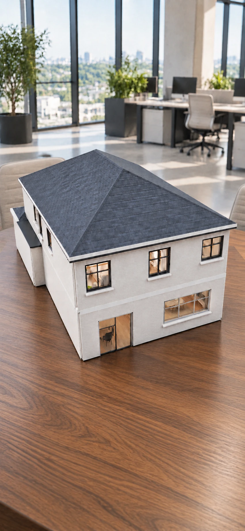 Rear elevation of the Ridgefield tabletop AR model in an AI-created open-plan office setting