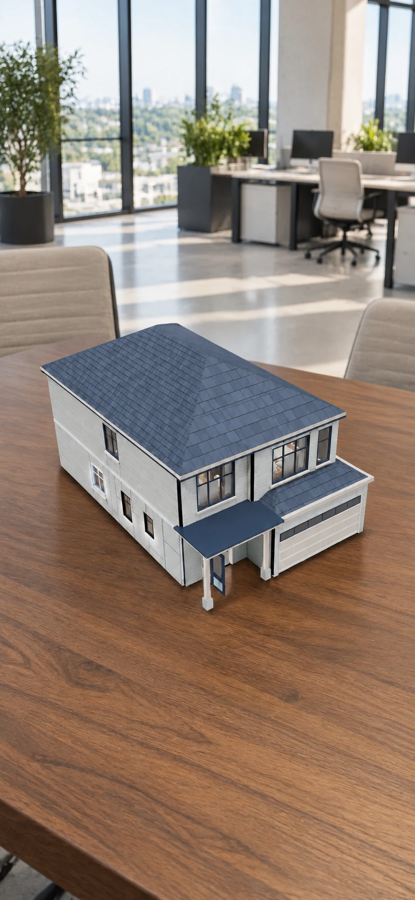 Ridgefield tabletop AR model, viewed from the front-left in an AI-created open-plan office setting