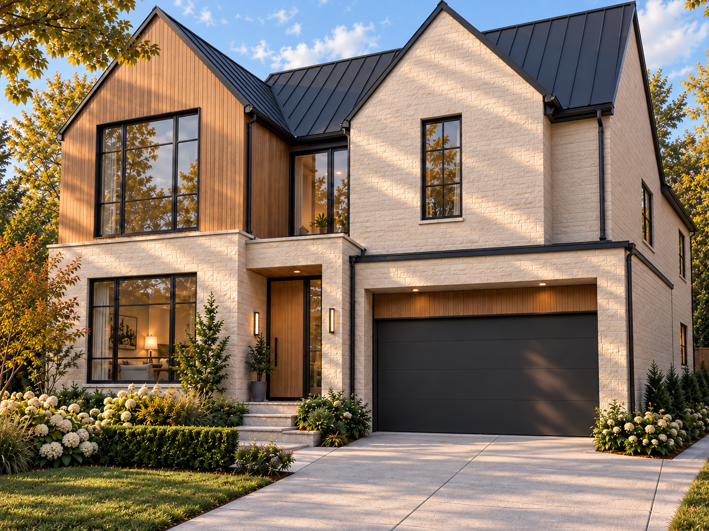 A closer driveway approach to Aschenkite showing the cedar entry, pale stone, black garage trim and matching garden planting