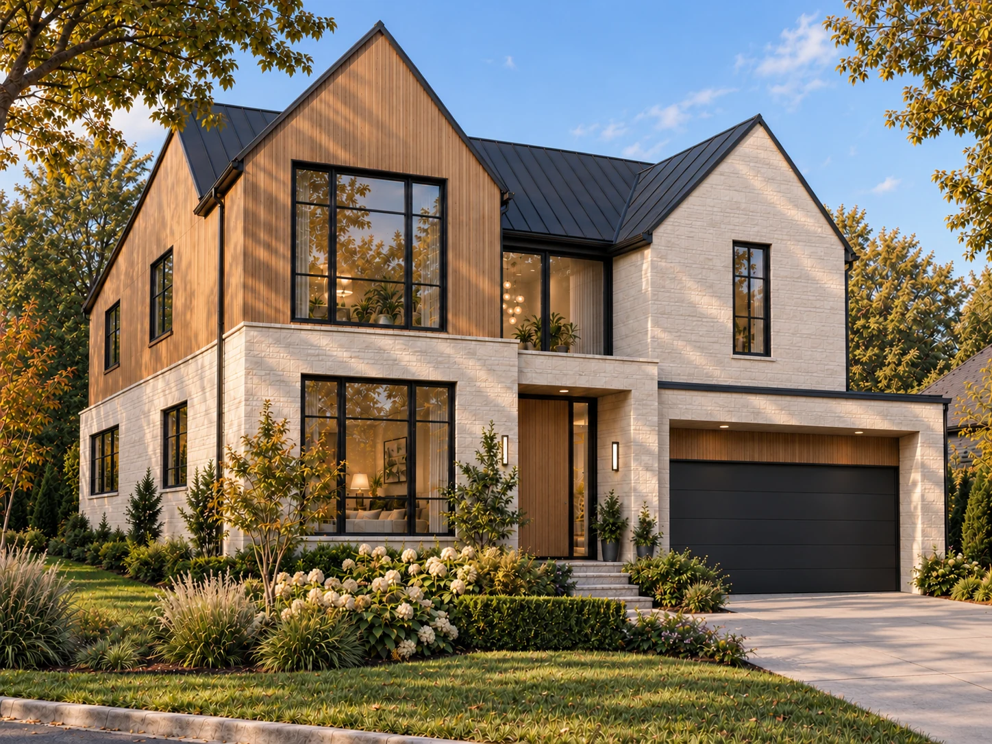 Aschenkite front-left exterior with vertical cedar siding, pale masonry and dark standing-seam roofs