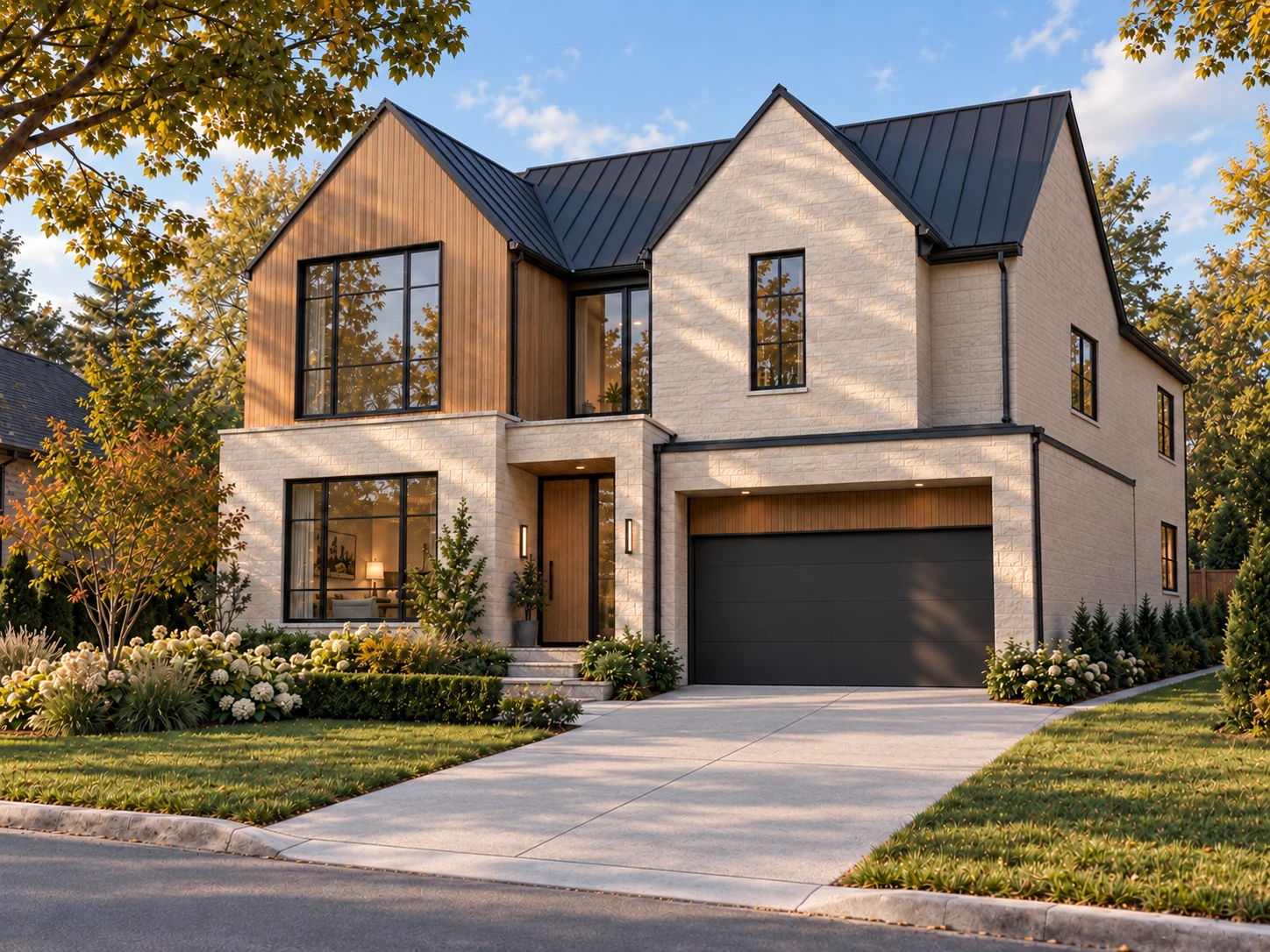 Aschenkite approved front-right exterior with cedar and pale-stone gables, a recessed entry and double garage