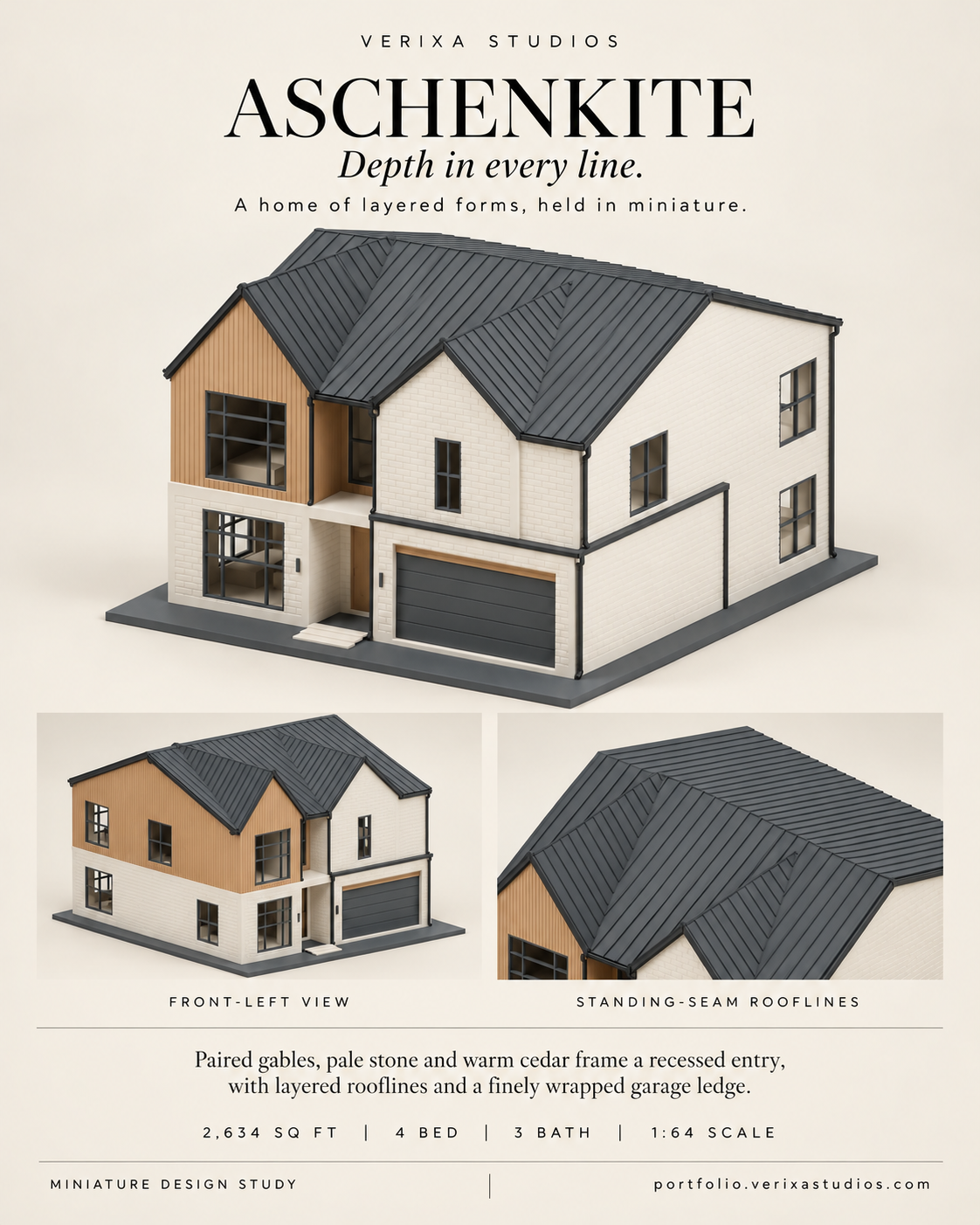 Aschenkite 1:64 miniature preview with coordinated black roof edging, garage coping and corner downpipes across three views