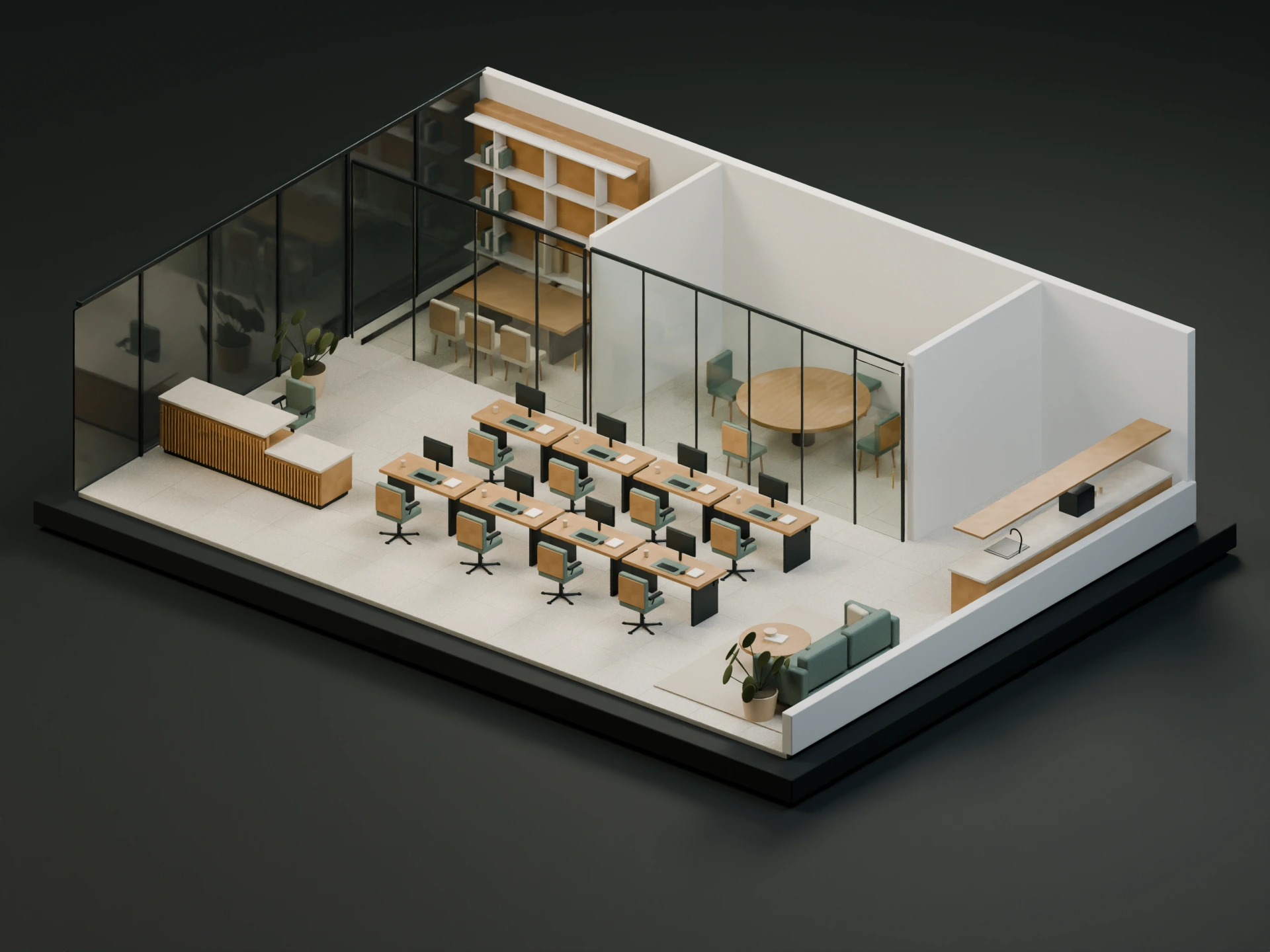 Completed Atelier Workplace with oak reception joinery, furnished workstations and glazed meeting rooms