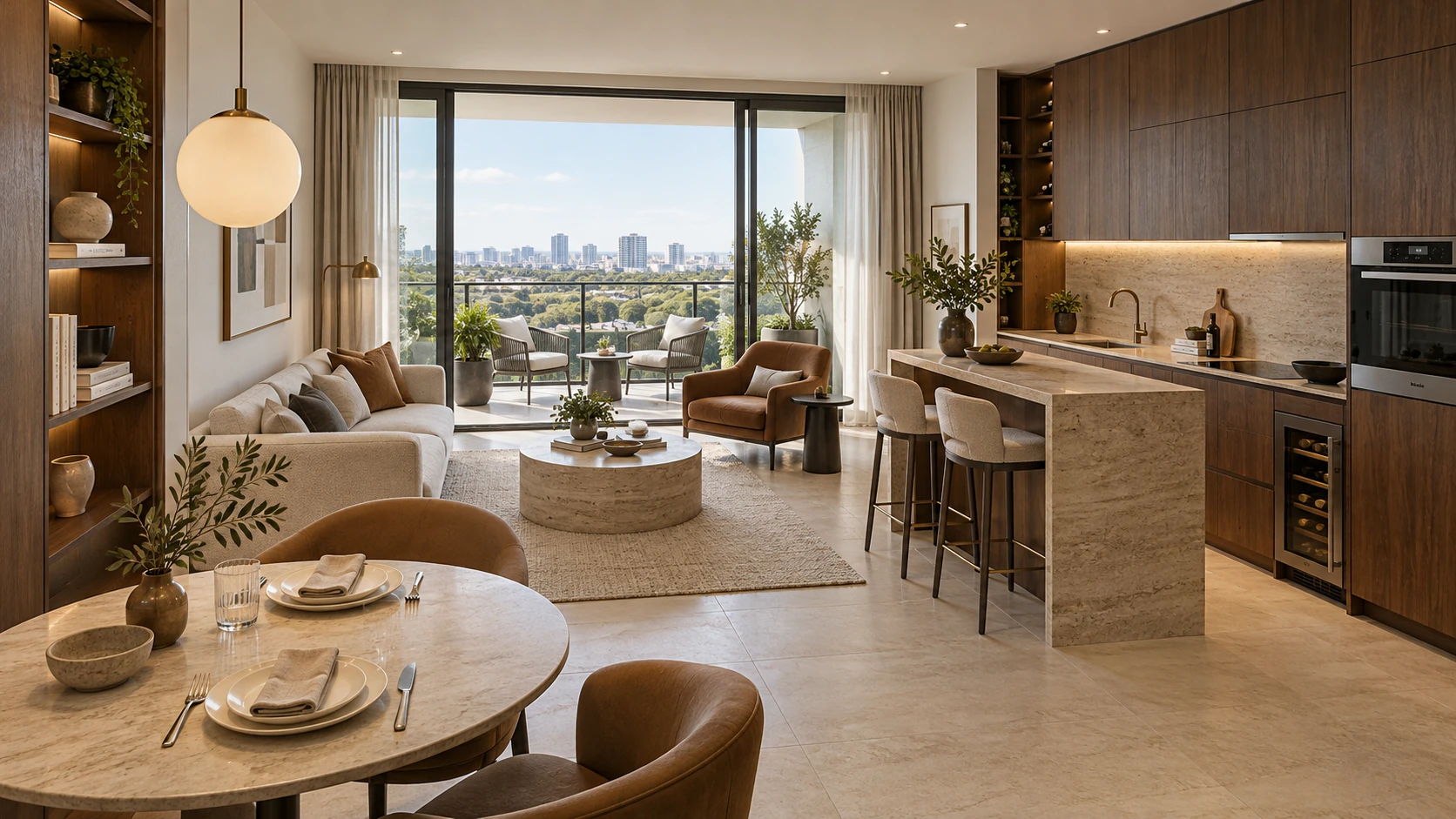 Courtyard Quarter — Condo living, kitchen and balcony