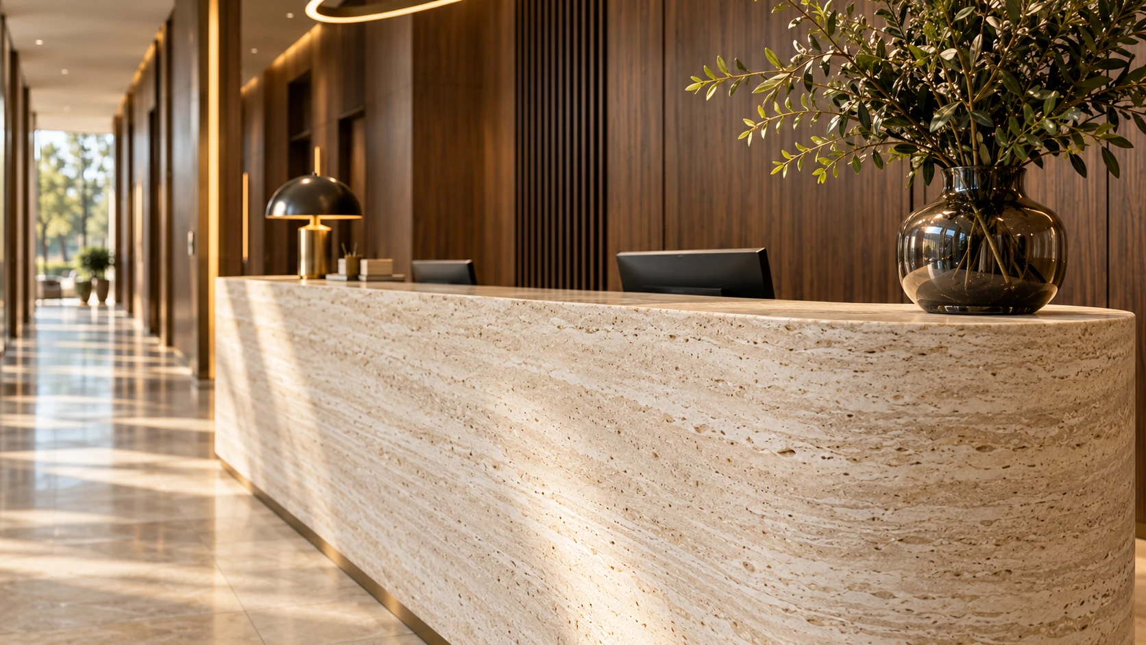 Courtyard Quarter — Reception stone and lighting detail