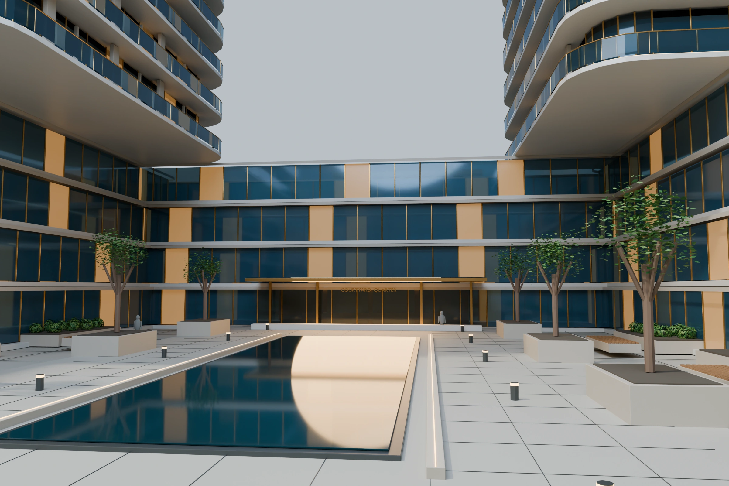 Courtyard Quarter concept arrival with a sheltered stone entrance and landscaped pedestrian edge