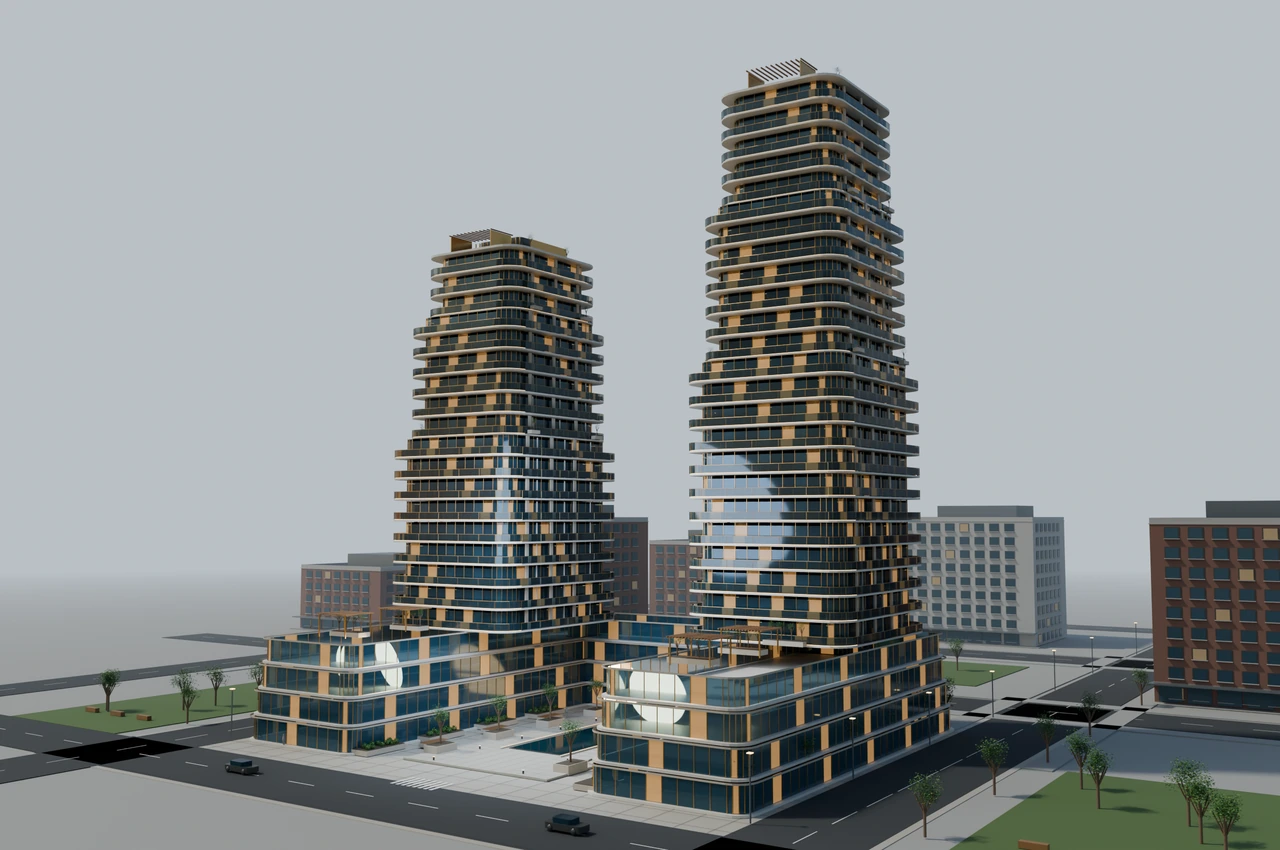 Courtyard Quarter exterior with sculpted towers, planted terraces and a landscaped courtyard