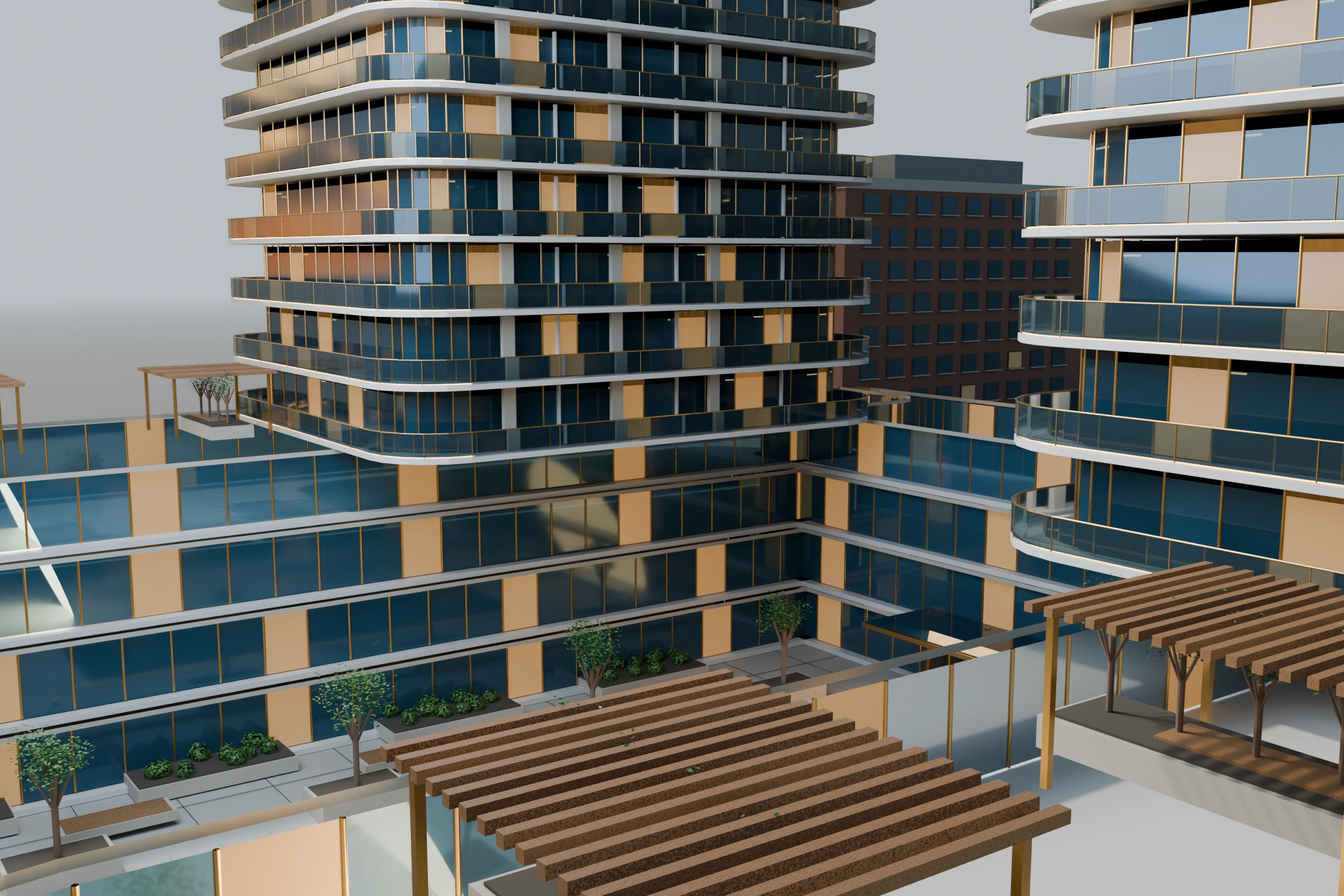 Courtyard Quarter tower terraces with layered balconies overlooking the shared garden