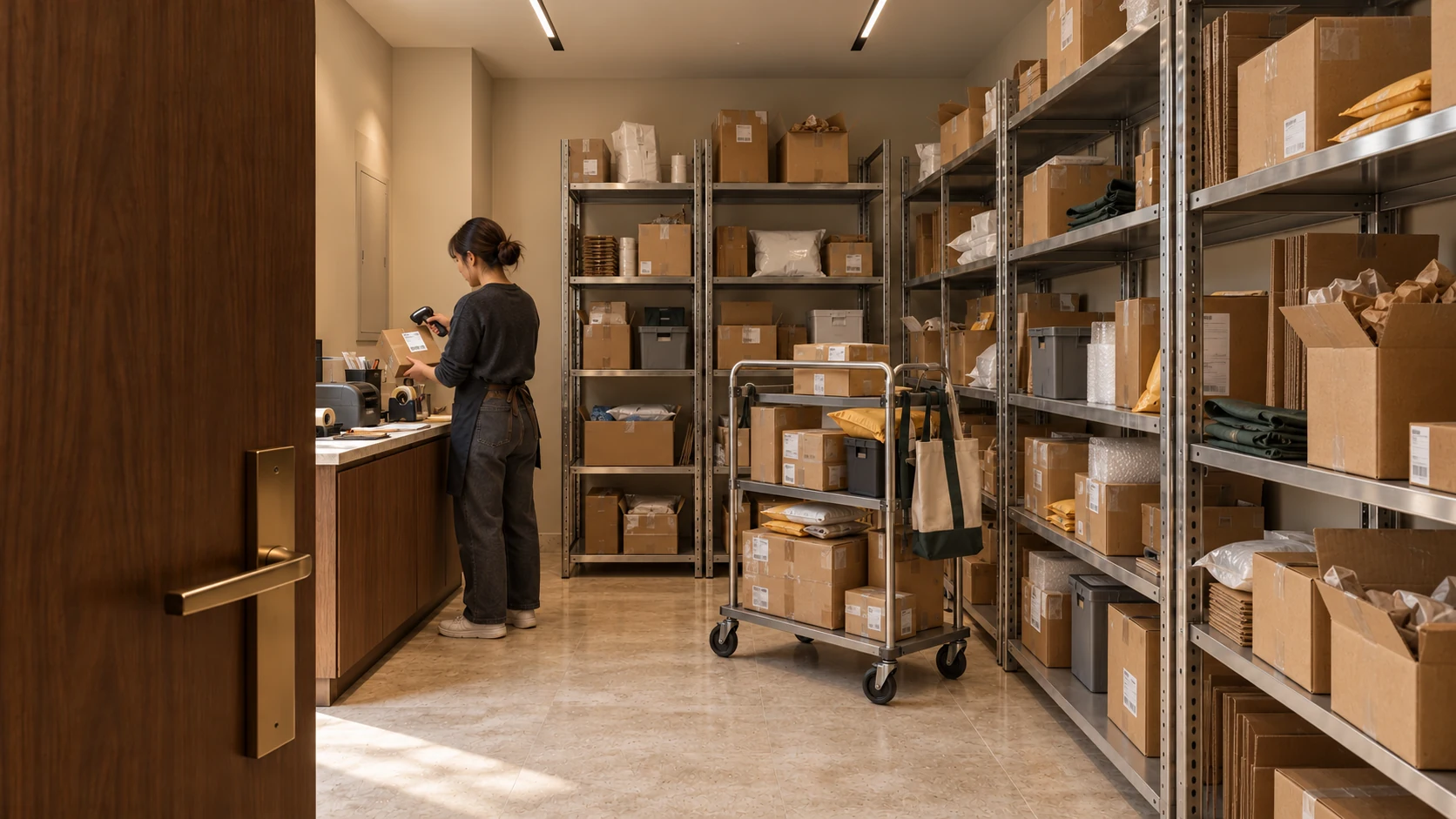 Courtyard Quarter parcel back room in use, with a staff member scanning parcels, varied packages and a loaded trolley