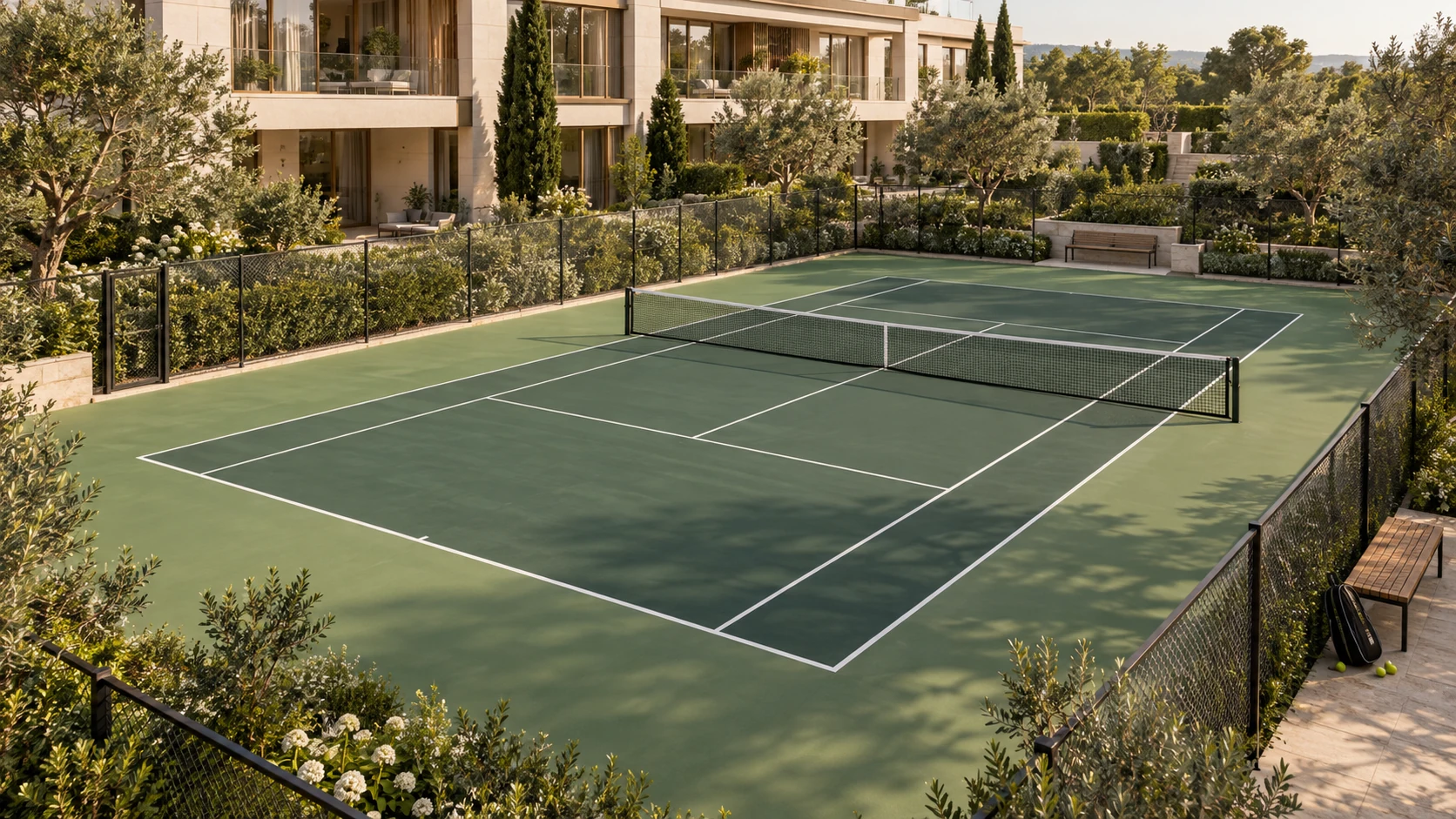 Courtyard Quarter outdoor tennis court with green playing surface, white markings, pale stone residences and planted borders