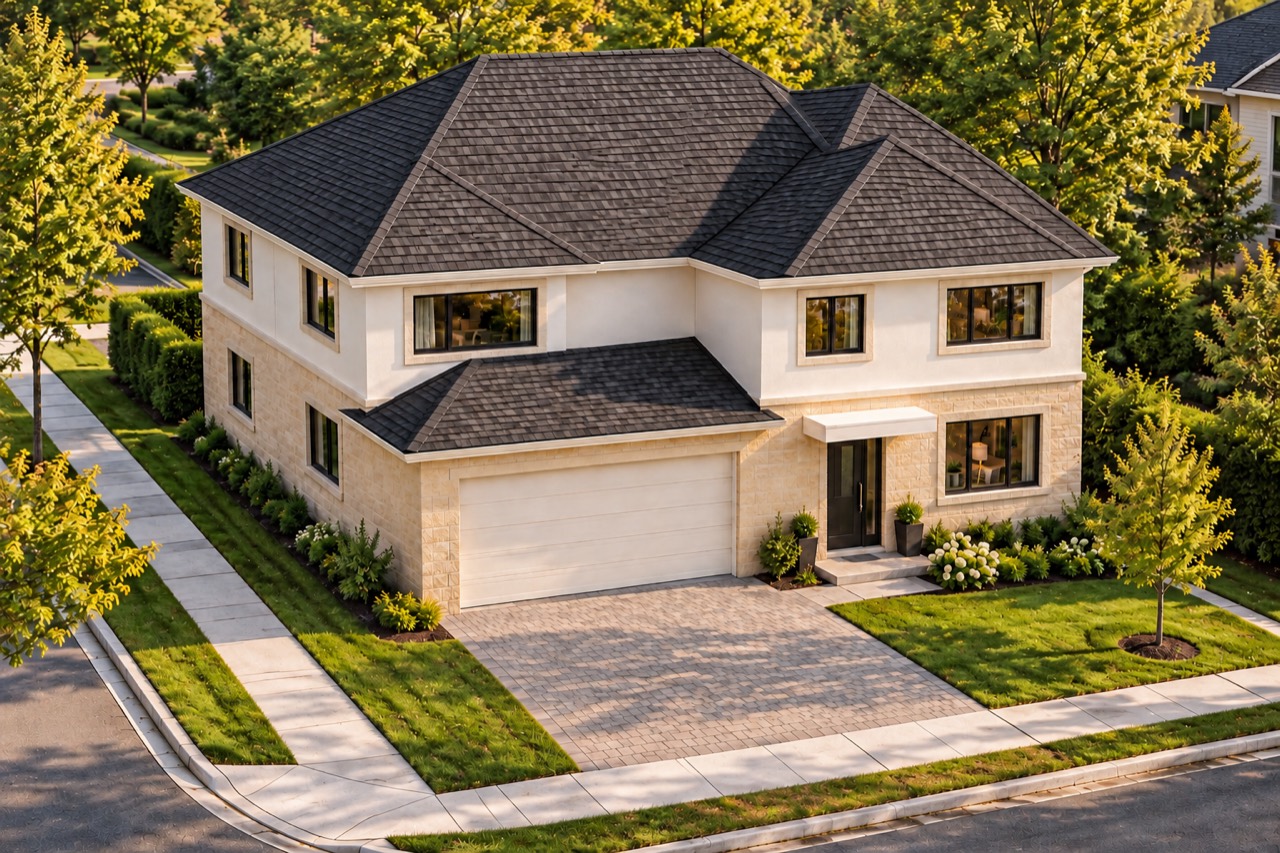 Bouchelier front corner-lot exterior with pale stone, white upper walls, charcoal hipped roofs and landscaped gardens in warm sunlight