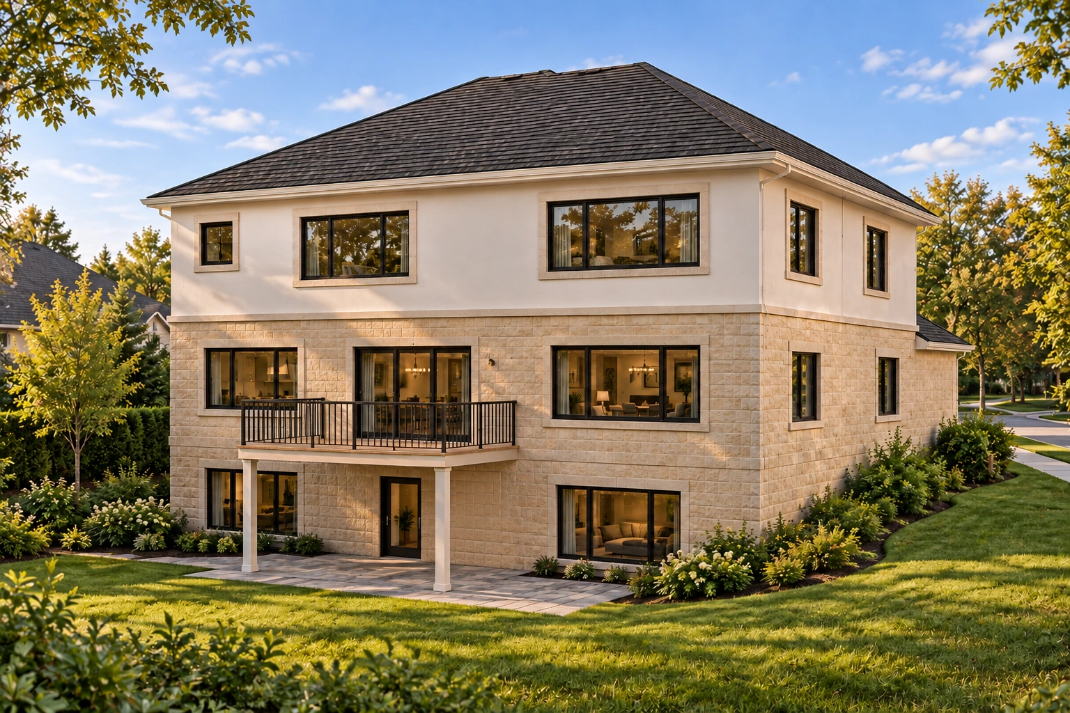 Bouchelier rear exterior with a raised deck and walkout basement beneath