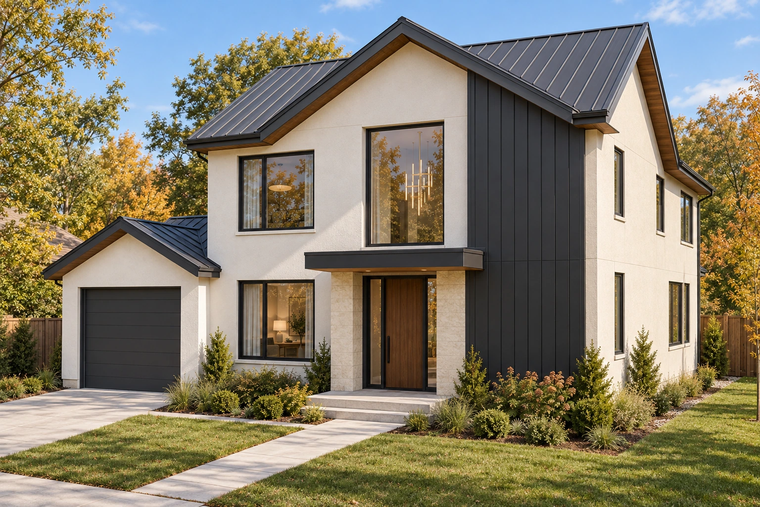 SunnyVale front-right exterior showing the recessed entrance, roof layers and side windows