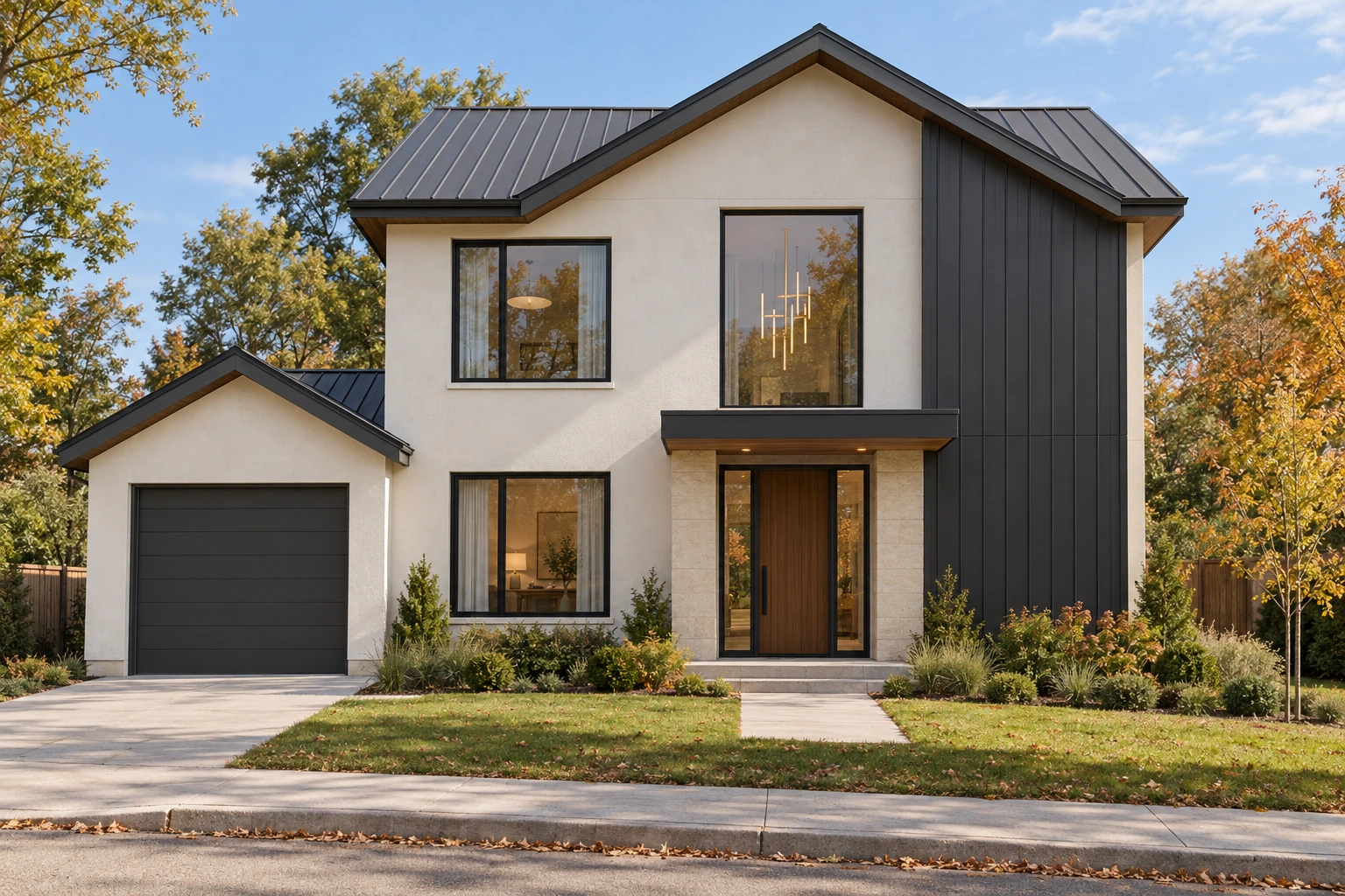 SunnyVale front exterior with ivory walls, charcoal gabled roofs and a timber entrance