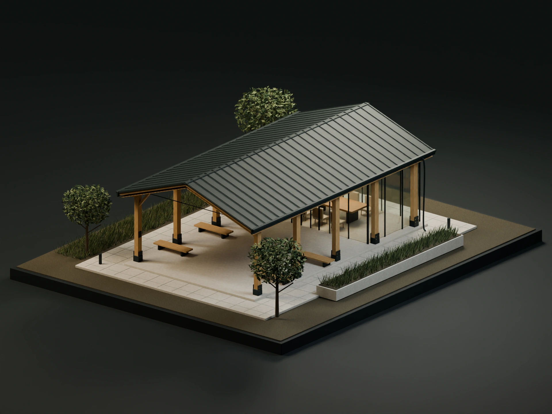 Completed Larch Pavilion with a timber frame, glazed meeting room and standing-seam roof