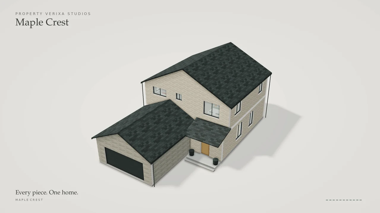 The completed Maplecrest miniature, with cream walls and charcoal roofs, at the end of the assembly film