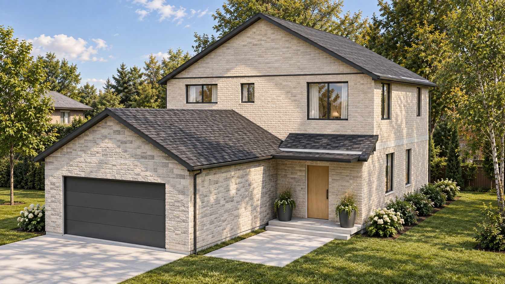 Maple Crest two-storey home with cream brick, natural stone, a projecting double garage and oak entry