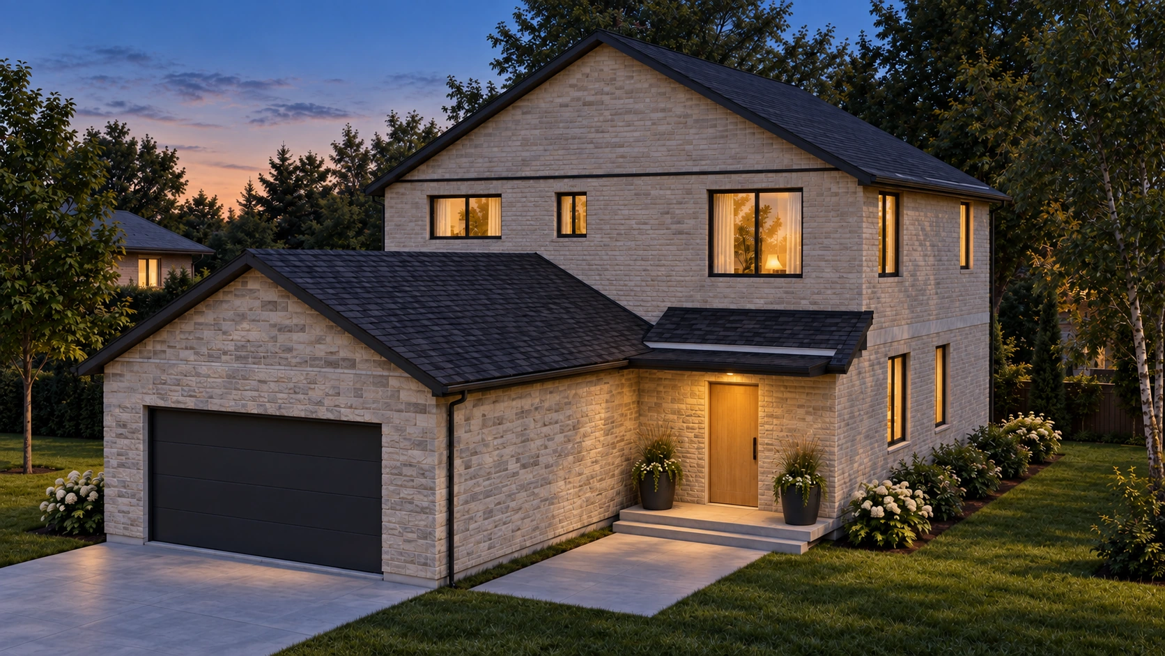Maple Crest at dusk with warm window light and a sheltered illuminated entry