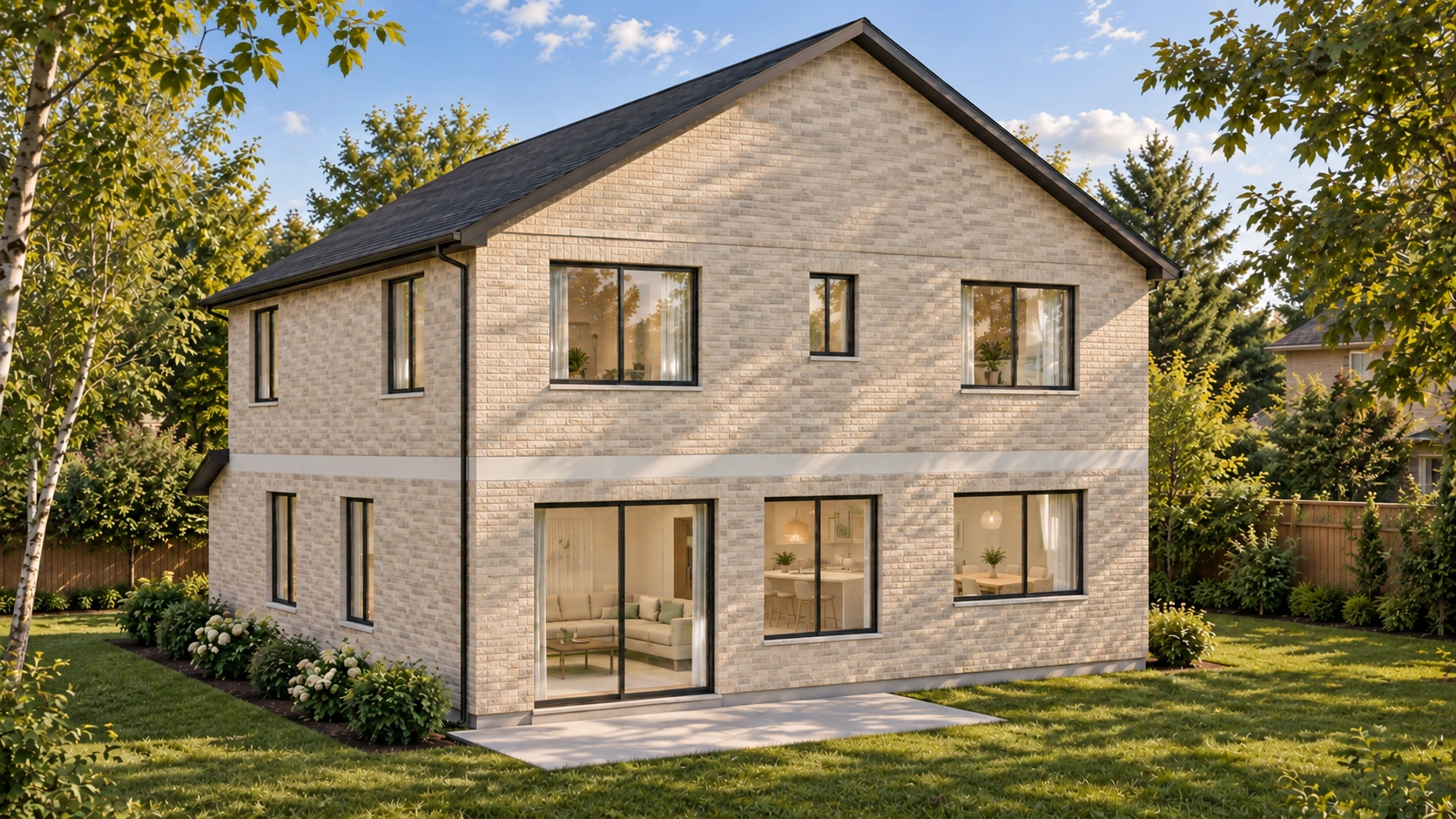 Maple Crest rear elevation overlooking a landscaped garden