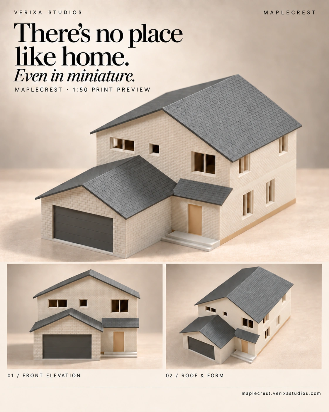 Maplecrest cream-brick miniature with a double garage and charcoal pitched roofs, shown from three angles