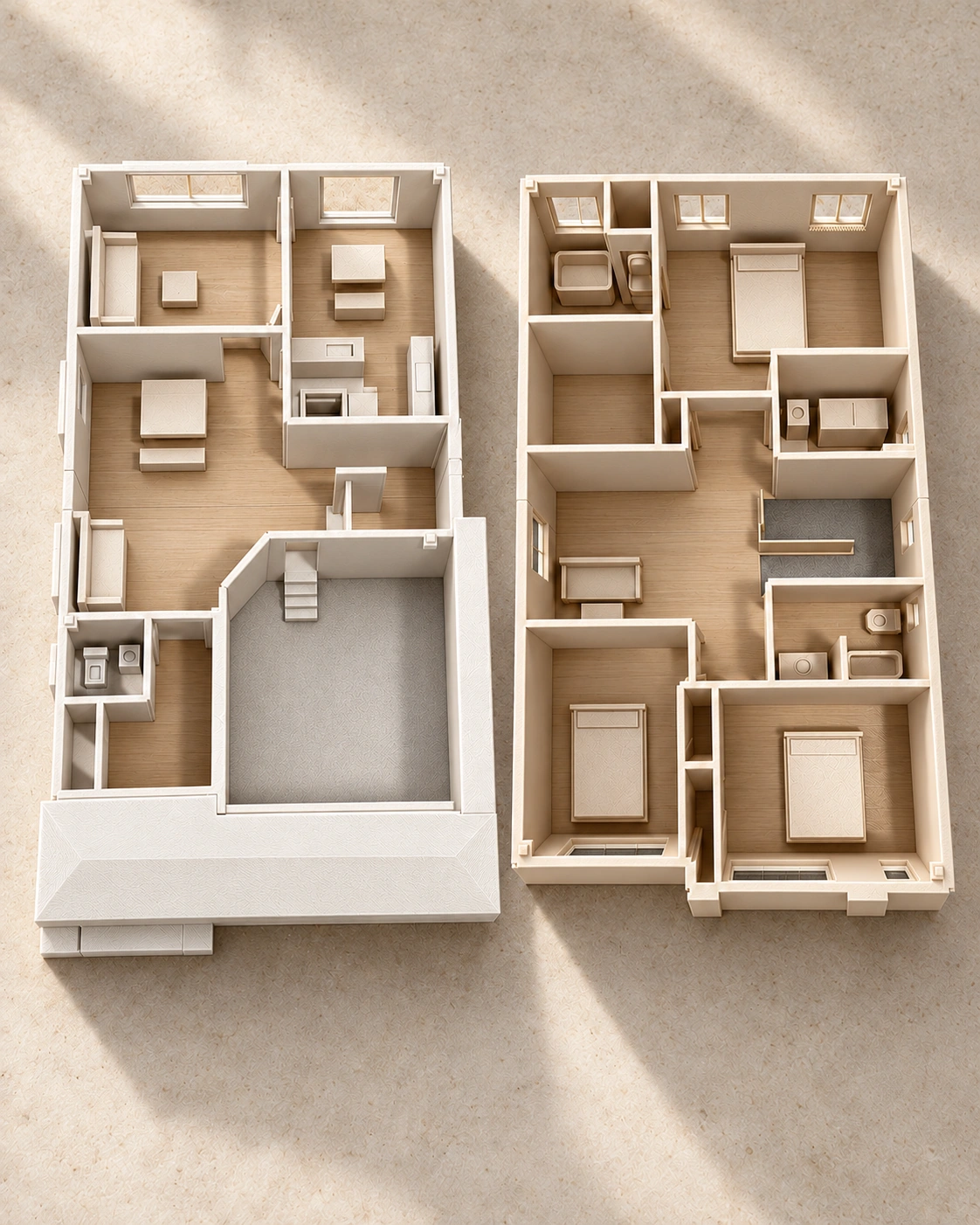 Realistic digital preview of Ridgefield ground-floor and upper-floor 3D-printed miniatures with cream walls and warm wood-tone interiors