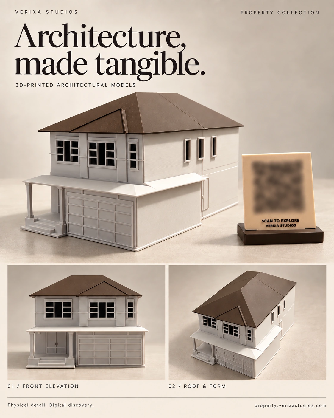 Ridgefield miniature showcase with cream walls, a hipped roof, front elevation and roof perspectives