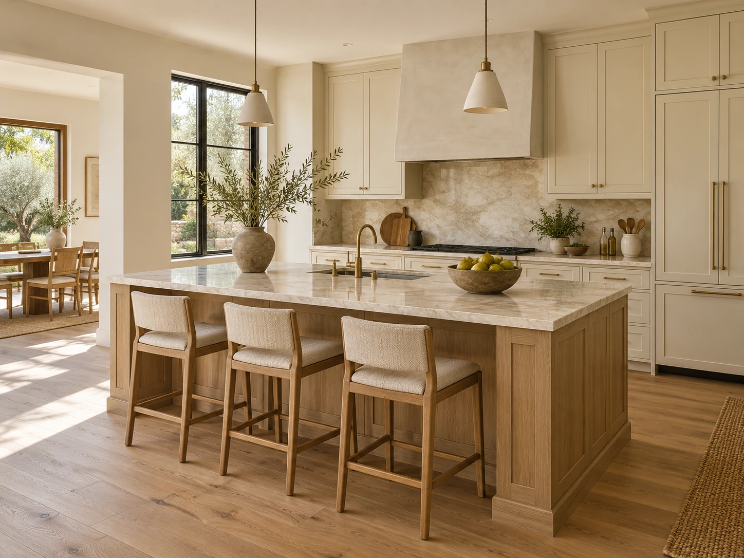 Warm kitchen with an oak island, pale stone surfaces and brass fittings