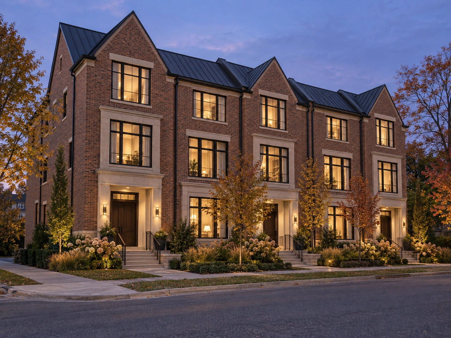 Brick townhomes with warm illuminated interiors beneath an evening sky