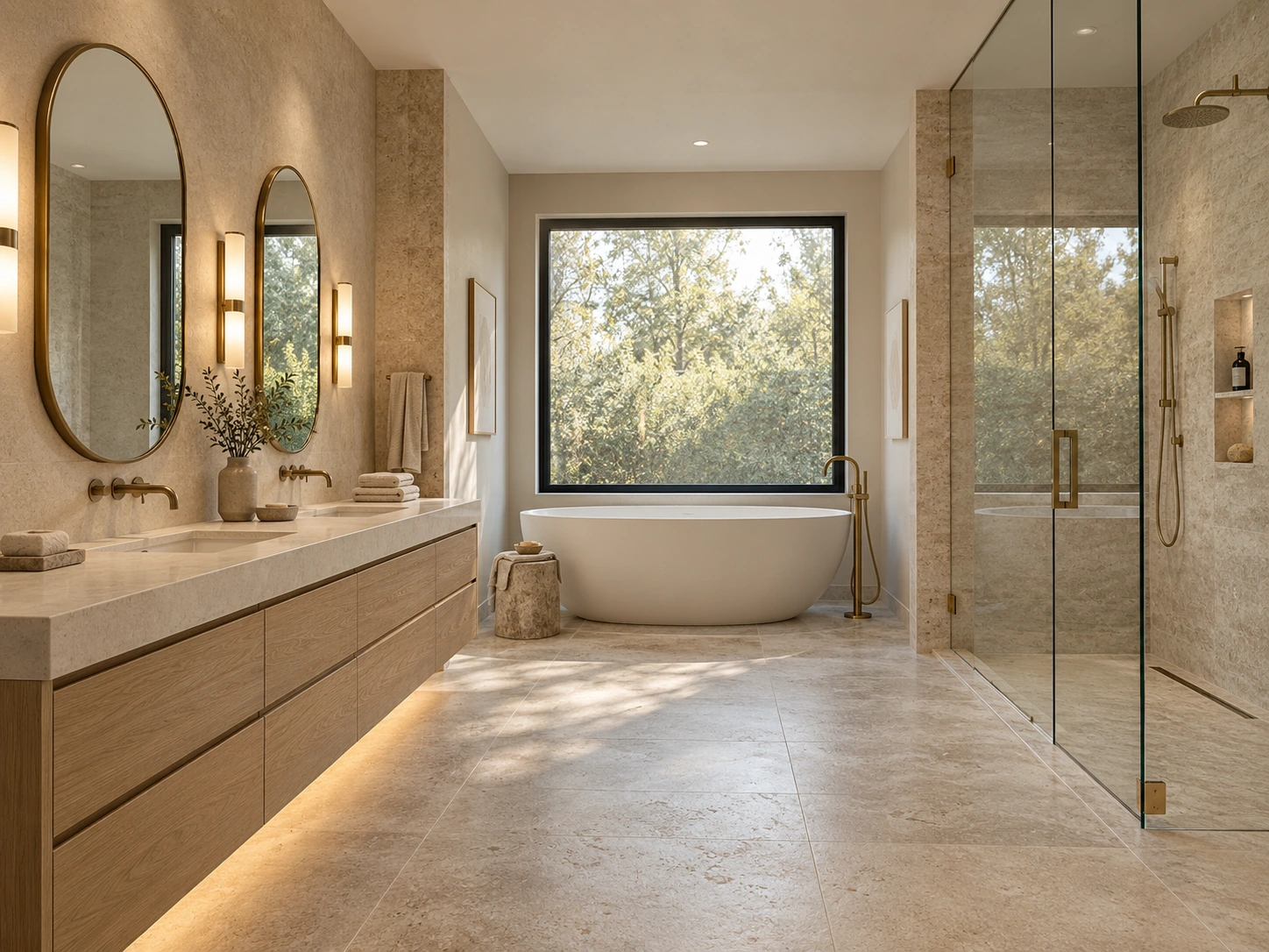 Bathroom with a floating oak vanity, freestanding tub and glass shower in pale natural stone