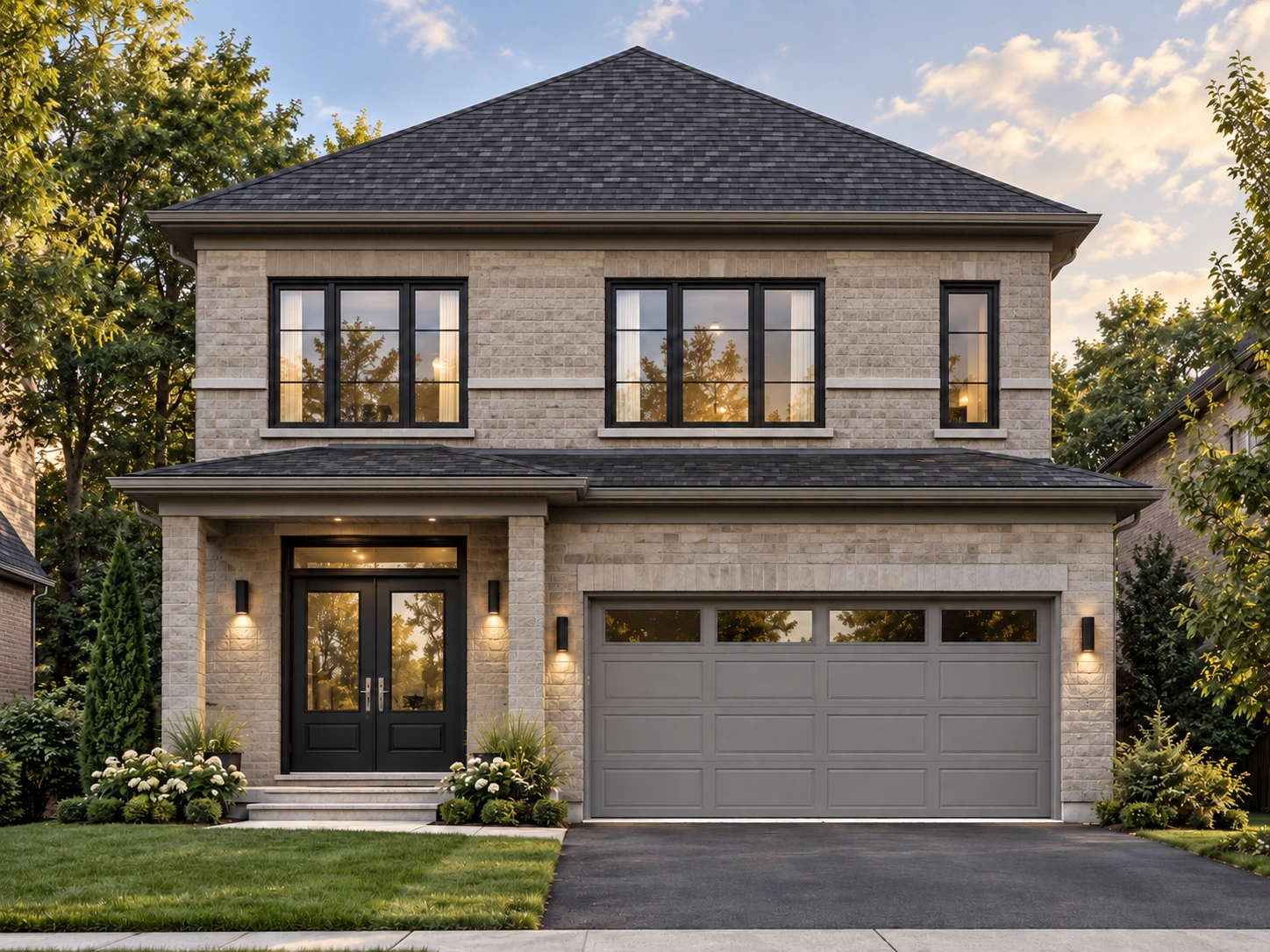 Ridgefield front elevation in pale masonry with charcoal windows and a hipped roof