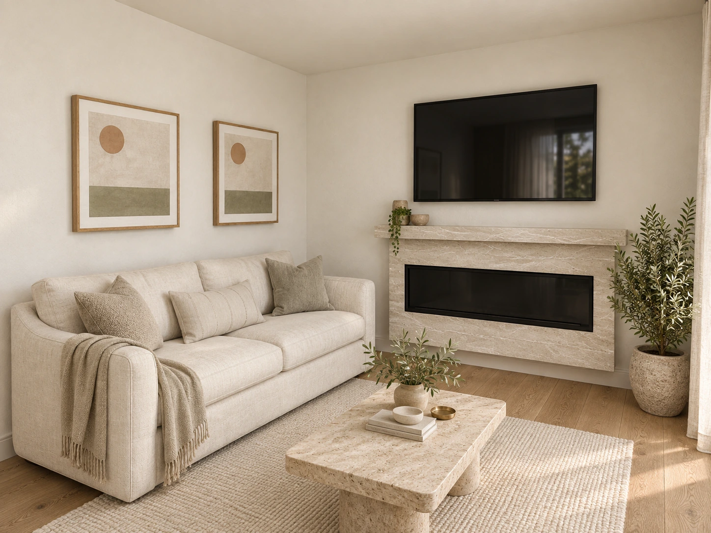 Ridgefield family room with linen seating and a stone fireplace